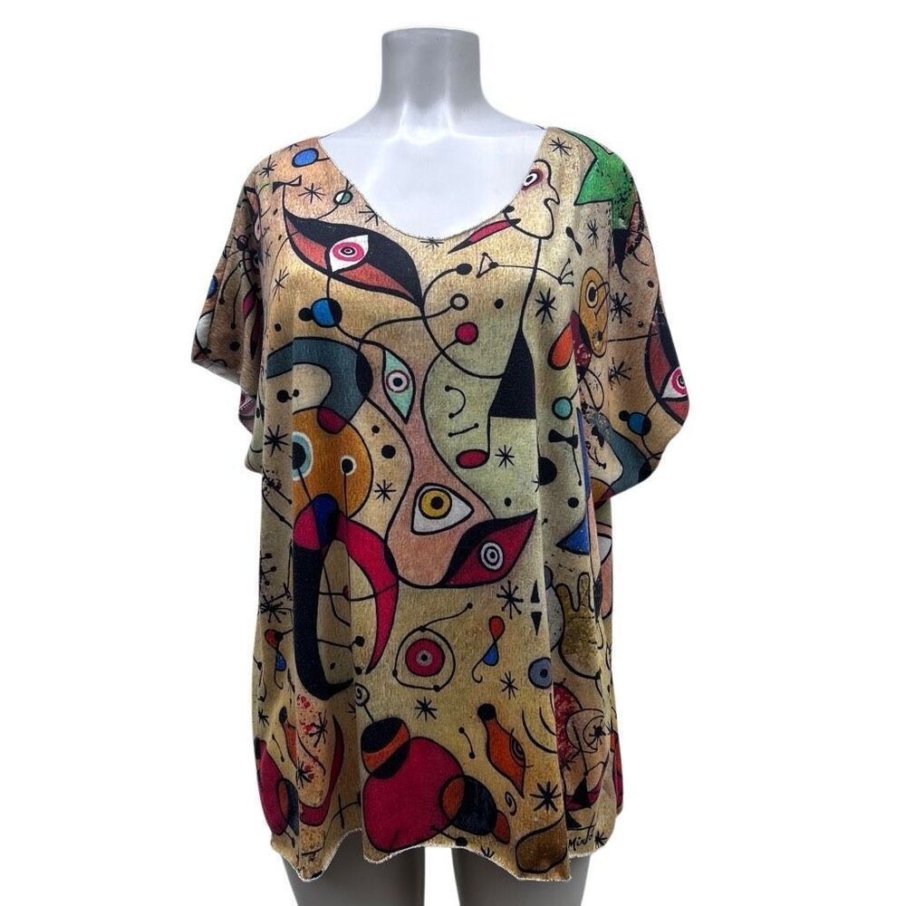 Vtg Sirelys Couture Top Womens 2XL Multicolor With Spanish Surreal Artwork Print - Picture 2 of 16